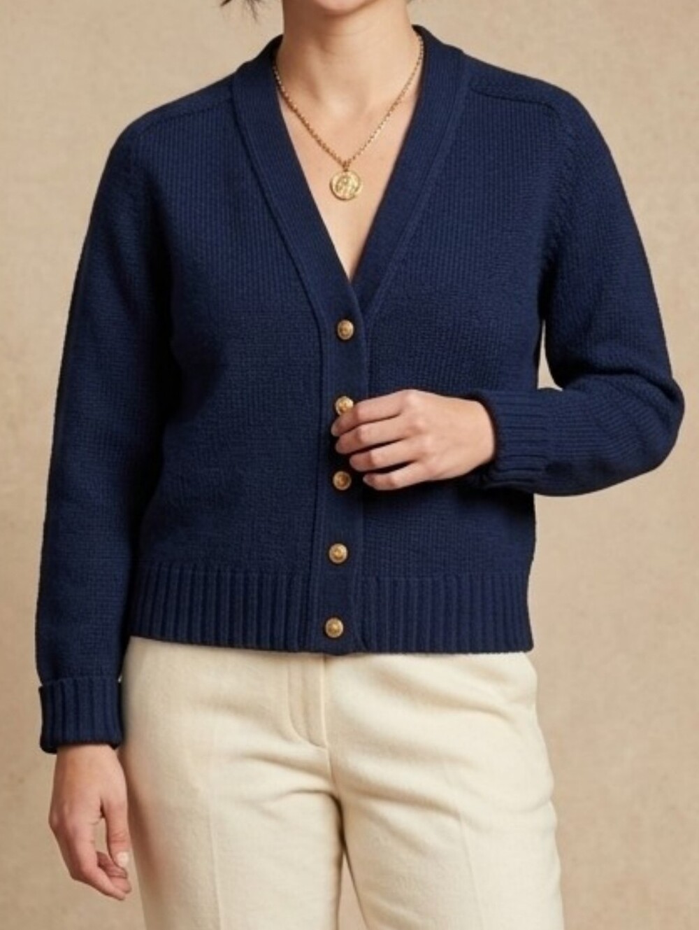 VTG Pendleton Wool Cardigan Sweater Medium Navy Blue Gold Button Shaker Knit USA